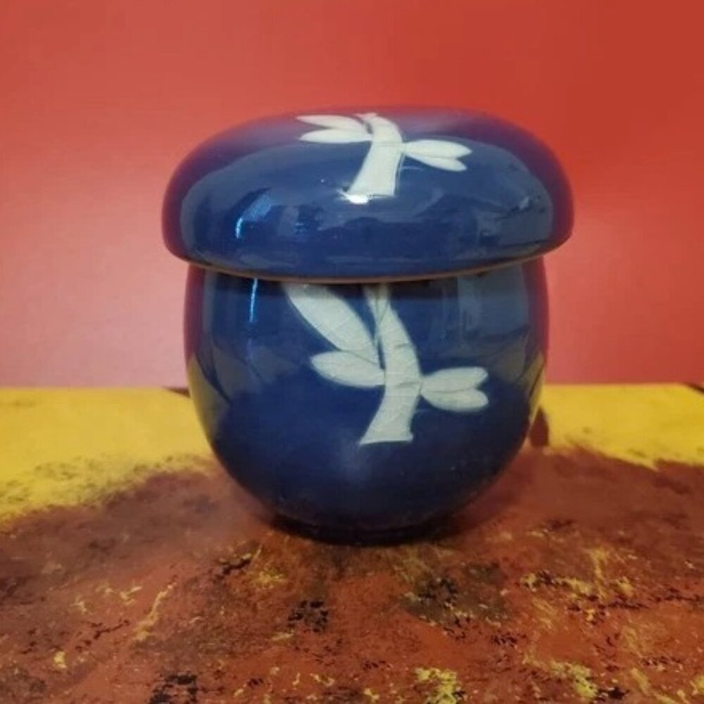 Korean Deep Blue 3 Piece Tea Cup w/ Infuser Bamboo Design EUC